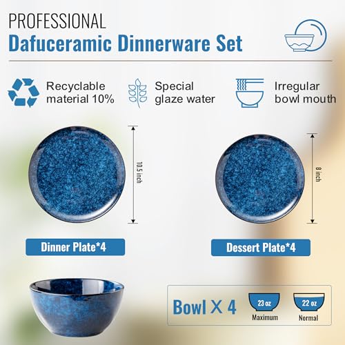 Dafuceramic Plates and Bowls Sets, 12 Pieces Dark Blue Dinnerware Sets for Kitchen, Reactive Glaze Dishes Set for 4, Dishwasher and Microwave Safe, Series Starflecked Shore(Dark Blue) by Dafuceramic - Image 2