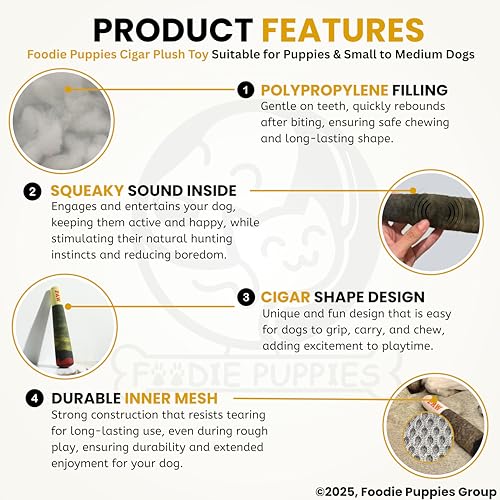Image of Foodie Puppies Interactive Dog Plush Toy - (Cigar Design, 24cm) for Dogs & Puppies | Non-Toxic, Stuffed, Grinding Teeth, Playful, Soft, Chew Toy for Small to Medium Dogs