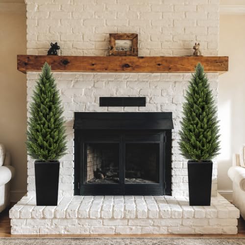 Image of VIVATREES 5FT Artificial Cedar Topiary Trees 2 Pack, Faux Cypress Plants with Black Square Planters, UV Resistant Outdoor Evergreen Decor for Front Porch, Patio, Garden & Home