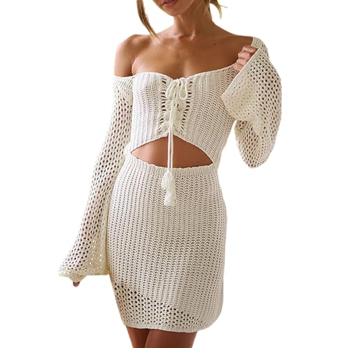 Vestido de baño de Ganchillo con Hombros Descubiertos para Mujer, Manga Larga Acampanada, Ahuecado, para Playa, Vacaciones de Verano, Piscina, Uso