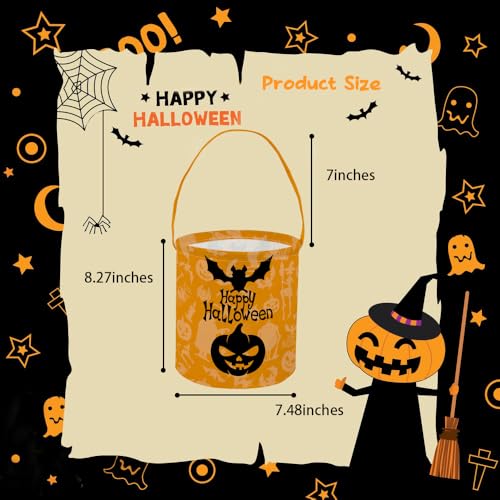 Image of Halloween Bucket for Trick or Treat Kids Halloween Pumpkin Bucket Halloween Candy Snack Baskets Pumpkin Halloween Party Decoration (Happy Halloween)