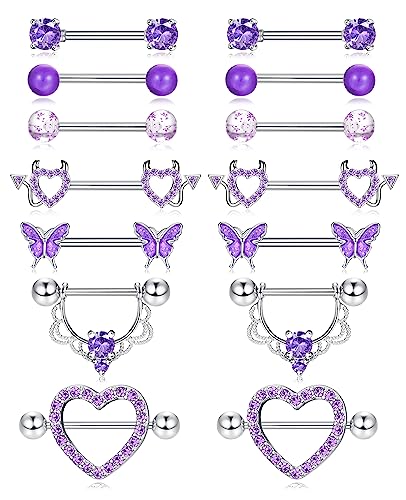 Fansilver 7 Pairs 14G Nipple Rings Surgical Steel Nipple Piercing CZ Heart Butterfly Barbell Tongue Rings Set Cute Nipple Tongue Piercing Jewelry for Women