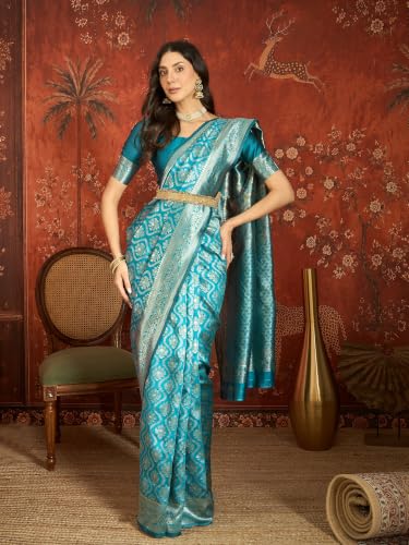 Image of Elegant Banarasi Silk Blend Saree with Gold Zari Woven Floral Border
