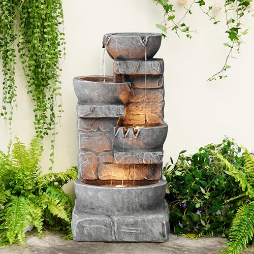Teamson Home 33.25 in. Cascading Bowls and Stacked Stones LED Outdoor Water Fountain for Gardens, Landscaping, Patios, Balconies, and Lawns for a Calming Oasis in Outdoor Living Spaces, Stone Gray by Teamson Home - Image 7