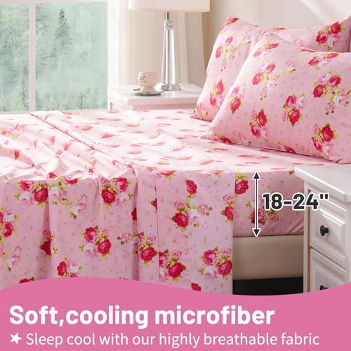 Image of Bedlifes Floral Pattern Bed Sheet Set Queen Size, 18-24 inch Extra Deep Pocket | Ultra Soft Microfiber, Breathable & Silky, OEKO-TEX Certified, Easy-Care Machine Washable, 4PCS, All-Season Spring Bedding