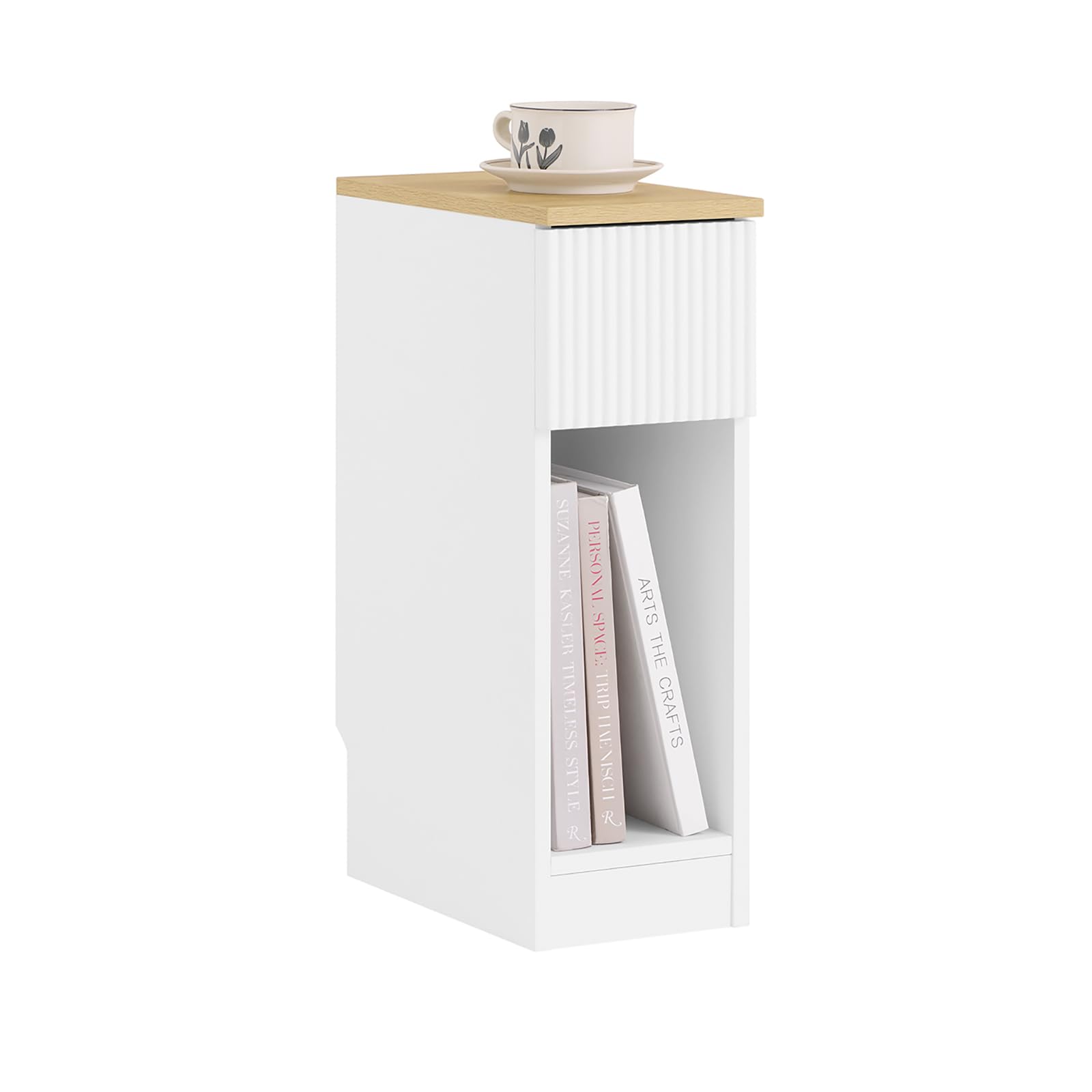 SoBuy Table de Chevet etroite 20cm avec façade ondulée de tiroir 20x35x60cm | Table de Nuit Table d'appoint avec design de plinthe, gain de place pour chambre, salon et petits espaces, Blanc, FBT111-W