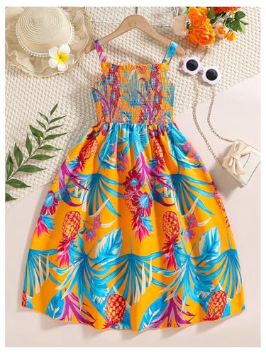 Girl's Tropical Cami Dress Boho Shirred Sleeveless Square Neck Flowy Dresses2