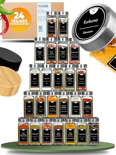 CLIDOR Gewürzgläser eckig [24 x 125ml] Luftdichte Gewürzgläser mit Streueinsatz + 248 wasserfeste Gewürzetiketten Gewürz Organizer & Gewürzdosen Gewürzstreuer zum Nachfüllen Deckel aus Edelstahl