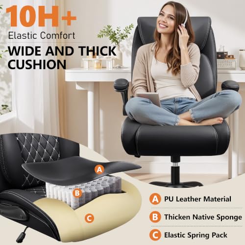 Image of BESTFAIR Office Chair, Ergonomic Computer Desk Chairs with Lumbar Support for Lower Back Pain Relief, Executive Leather Home Chair Comfy with Padded Flip-up Armrests, Black