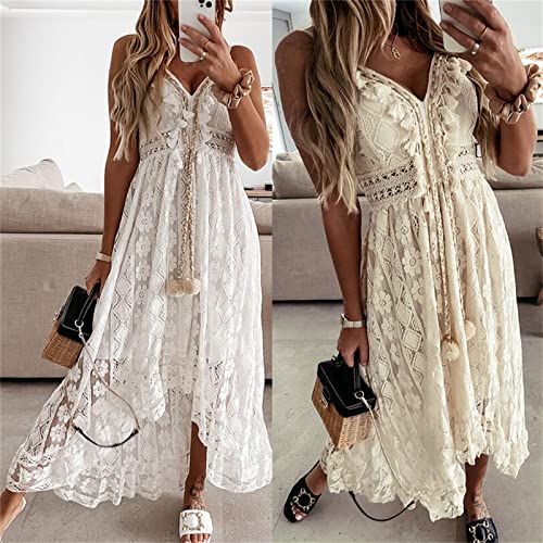 Yassiglia Womens Casual Floral Lace Beach Dress Bohemian Style V-Neck Spaghetti Strap Backless Long Sundress for Beach Vacation S-XL (Beige, XXL) - Image 4