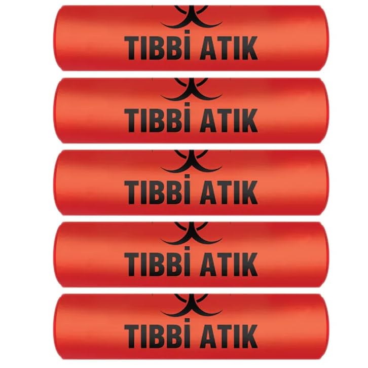 Tıbbi Atık Torbası Büyük Boy 65x80 cm 300 gr 10 lu Rulo x 5 Paket = 50 Adet (Kırmızı-Siyah Baskılı)