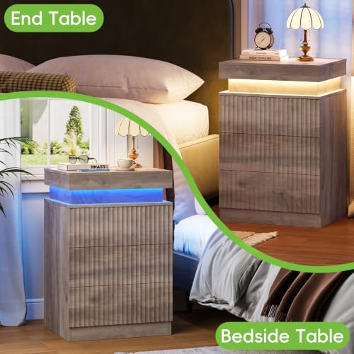 Image of Fluted LED Night Stand with Charging Station, Wood Grey
