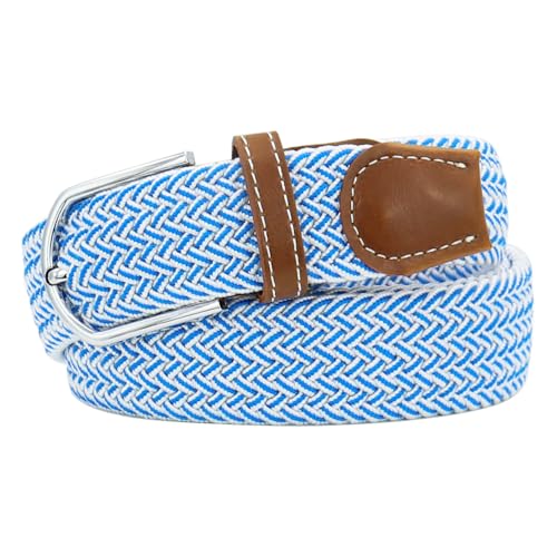 Huyfhksd Mixed Color Woven Stretch Braided Belts for Men and Women Fashion Elastic Belts, L, White and Blue
