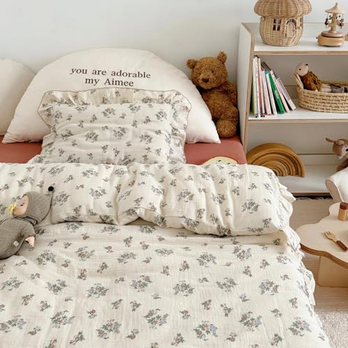 Image of BuLuTu Muslin Floral Duvet Cover for Toddler Girls, Chic Shabby Aesthetic Kids Duvet Covers with Ruffles, All Seasons Gauze Cotton Toddler Bed Comforter Cover with Zipper, 47 inchx59 inch, No Pillowcases