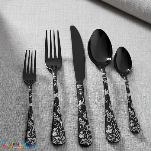 Image of Floral Black 10 Pcs Stainless Steel Cutlery Set for Dining Table, Dishwasher Safe Glossy Flatware (2 Spoon Set+2 Forks Set+2 Butter Knife+2 Dessert Spoon+ 2 FruitFork)