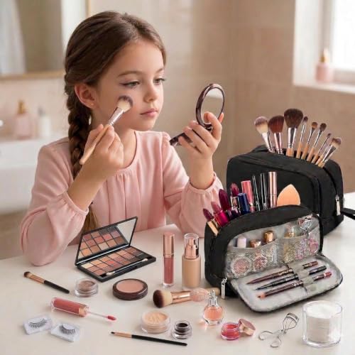 Image of Multi-Compartment Travel Makeup Organizer Bag for Women, Large Capacity Cosmetic Pouch with Multiple Zipper Compartments, Makeup Brush Holder & Mesh Pocket, Portable Toiletry Storage Bag - Black