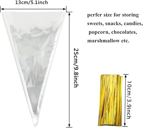 Miniatura 2 de 100 bolsas de palomitas de maíz para fiesta, bolsas transparentes con forma de cono, bolsas de violonchelo transparentes con 100 lazos giratorios,