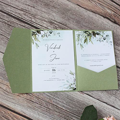 Olive Green Invitation Card Pocket Envelope Trifold Wedding Card Jacket