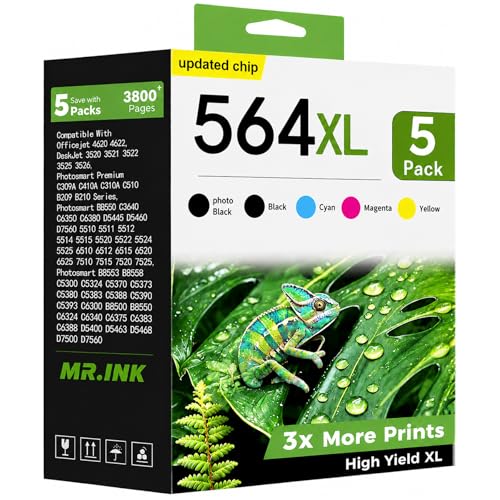 Image of 564XL Ink Cartridge Compatible for HP Ink 564 XL 564XL High Yield 5 Combo Pack (BK /PBK /C /M /Y) for DeskJet 3520 3522 Photosmart 7520 6520 5520 7525 5514 7510 OfficeJet 4620 Printers