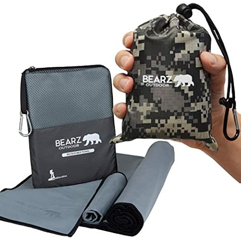 BEARZ Outdoor Pocket Blanket and Quick Dry Towel Travel Towel bundle (Gray), Beach Blanket, Microfiber Towel, Camping Towel and Camping Tarp Picnic Blanket Cover