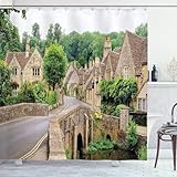 Duschvorhang 120x180 Anti-Schimmel Englische Stadt Duschvorhänge Wasserdicht Waschbar Polyester Textil Badezimmer Vorhang Ländliche Landschaft 3D Shower Curtain A/8208