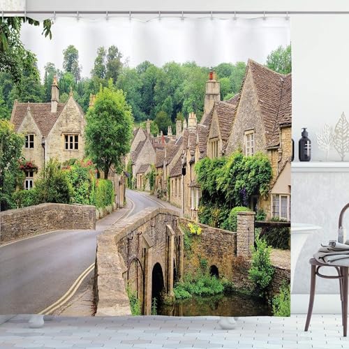 Duschvorhang 120x180 Anti-Schimmel Englische Stadt Duschvorhänge Wasserdicht Waschbar Polyester Textil Badezimmer Vorhang Ländliche Landschaft 3D Shower Curtain A/8208