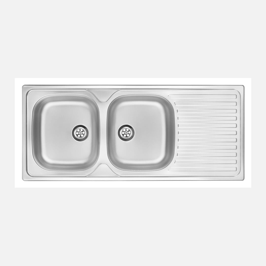 Fregadero de cocina empotrado de acero inoxidable con 2 senos y escurridor, 116 x 50 cm, acabado satinado – Telivo