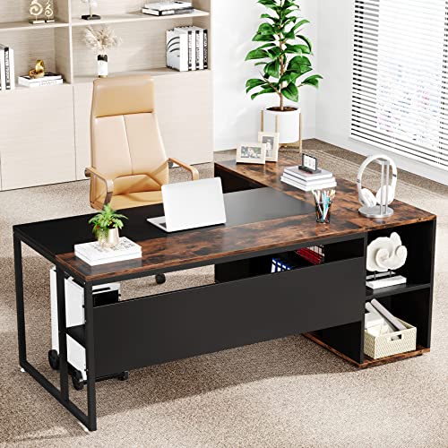 Image of Tribesigns 71 inch Executive Desk, L Shaped Desk with Cabinet Storage, Executive Office Desk with Shelves, Business Furniture Workstation for Home Office, Brown and Black