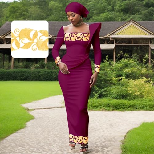 Image of African Dresses for Women High Waist Embroidery Elegant Traditional Midi Dress with Headscarf