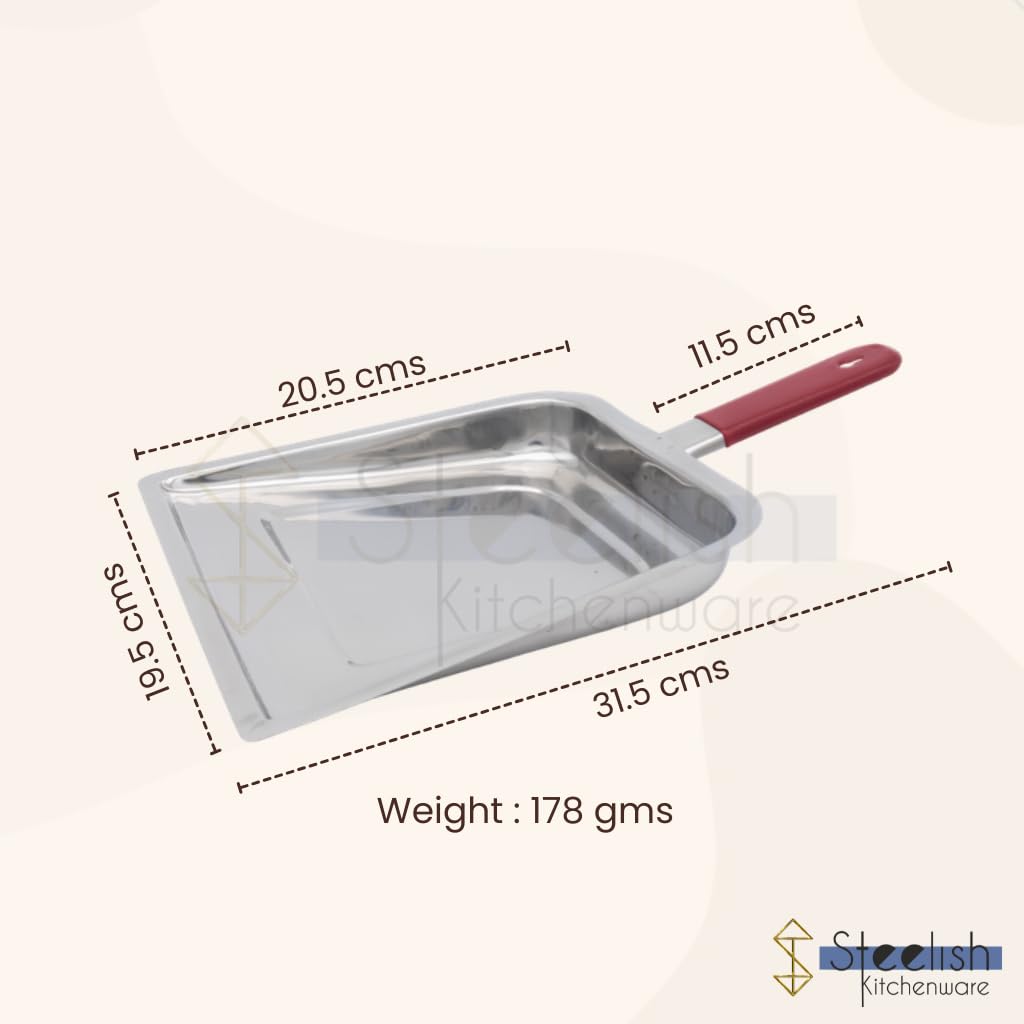 Steelish Stainless Steel Dustpan for Cleaning | Durable Supdi for Kachra & Floor Cleaning | Silver Dusting Pan with Red Handle | Rust-Resistant Kuda Supdi for Home, Kitchen - Pack of 3 4
