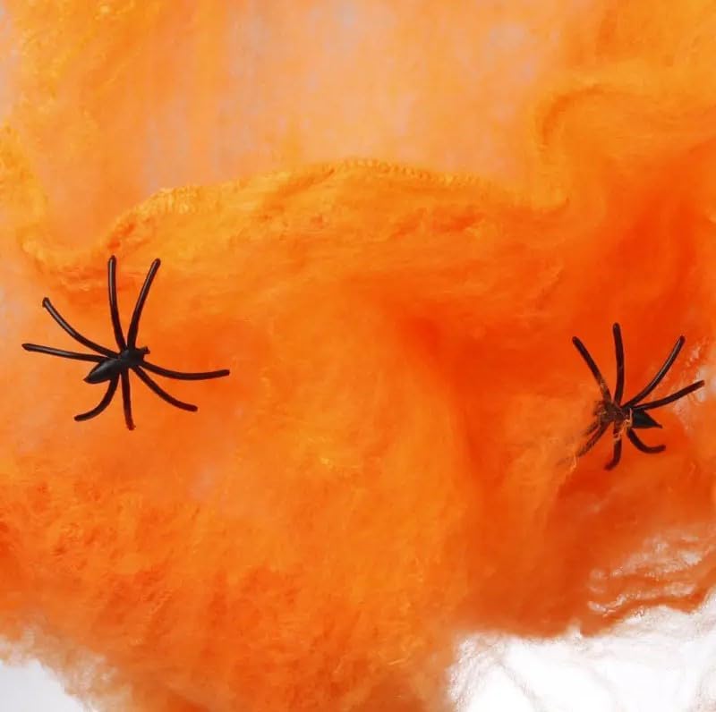 FAM Spider Web Decoration for Halloween With Two Spiders - Super Stretchy Orange Cobwebs for Decor