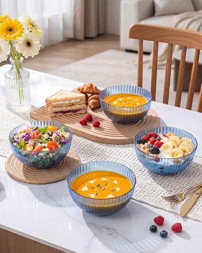 bUCLA 12 PCS Plastic Cereal Bowls Set - 28 Oz Clear Blue Disposable Vertical Stripes Serving Bowls for Snack, Salad, Dessert & Fruit - Image 3