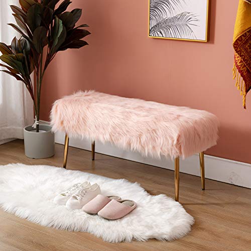 Faux Fur Vanity Bench Entryway Bench Furry Long Hair Pink Ottoman DM Furniture Fuzzy Bench with Metal Legs for Living Room, Bedroom, Dining Room, Home Decorative, Pink