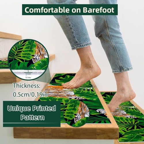 Peldaños de escalera antideslizantes con diseño de tigre tropical lavables 15 uds 3