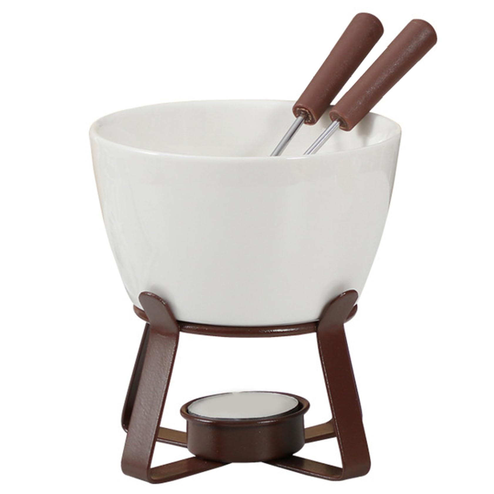 Taza de Fondue de Chocolate Taza de Fondue de cerámica con 2 Tenedores y Soporte de Hierro, Reutilizable para derretir Chocolate para Queso o (Vela no incluida)