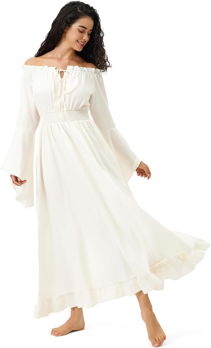 Renaissance Dress Women's Halloween Costume - Convertible Maxi Dress Lace-up V-Neck, Bell Sleeves & High-Low Skirt