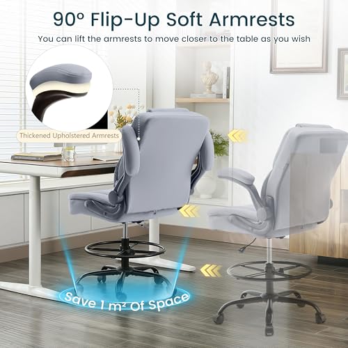 Image of Drafting Chair 500Lbs, Tall Office Chair for Standing Desk, High PU Leather Executive Office Chair with Flip-up Armrests, Ergonomic High Chair with Adjustable Foot Ring, Comfy Stool Chairs, Grey