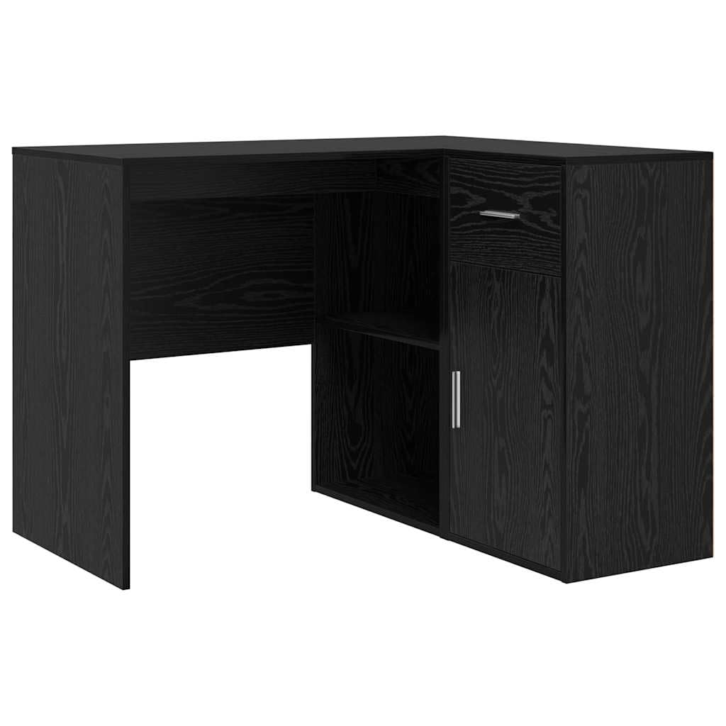 Scrivania angolare con cassetto e ripiano in rovere nero, 102 x 88 x 75 cm