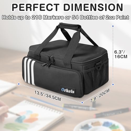 Image of ORKELS Craft Paint and Marker Organizer, Acrylic Paint Storage Bag with Brush and Bottle Holders, Large Marker Carrying Case for Artists (Black)