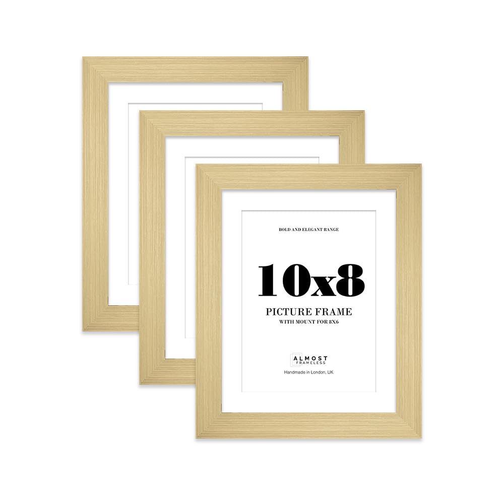 10x8" Gold Frame With Mount for 8x6" Pictures 28mm Edge Portrait and Landscape Display with Wall Hooks and Kickstand, 3 Pack