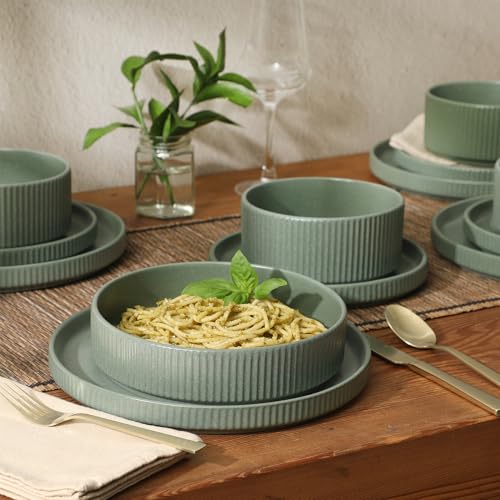 Image of Gibson Elite Deerfield 16-Piece Stoneware Dinnerware Set - Matte Green Stackable Plates and Bowls, Reactive Glaze Finish, Service for 4 - Microwave & Dishwasher Safe