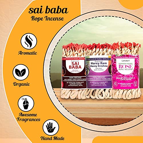 Lamatar1 Tibetan Rope Incense, Rose, Sai Baba, Harey Ram Harey Krishna, Hand Made, Organic, From Kathmandu Nepal, For Air Purification, Calmness, Attract Love, Aromatic, Natural, Set Of 3, 135 Ropes #TOP1