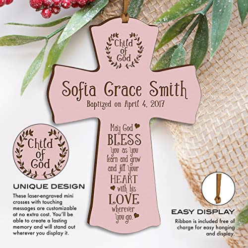 Image of LifeSong Milestones Pink Wooden Wall Cross: Family Celebrations Baptism, Christening, and First Communion - Religious Keepsake for Baby Girls - Baptism Gifts, Favors, and Decorations
