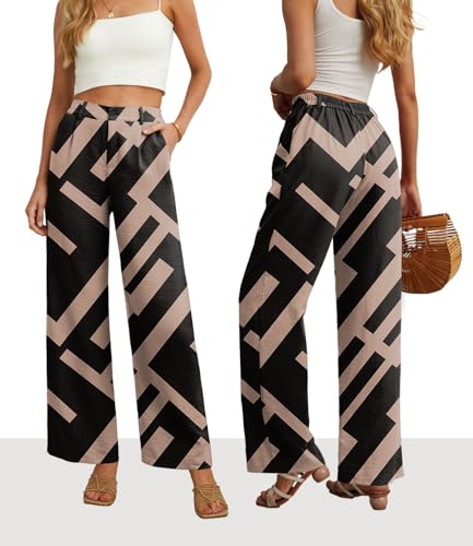 Image of Feiersi Womens Casual Wide Leg Pants High Waisted Button Down Straight Long Trousers Palazzo Pants