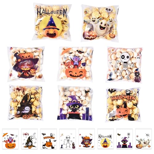 koutey 200 Pcs Halloween Goodie Bags Small Cellophane Treat Bags, 8 Styles Self Adhesive Clear Cookie Treat Candy Bags for Halloween Party Favors, Homemade Crafts, Snack Goody Gift Packing - image 1