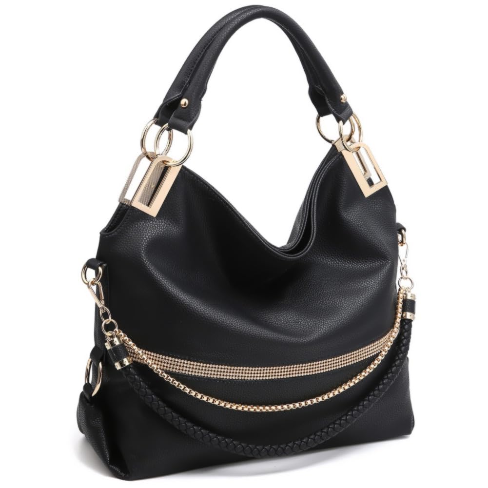 Women's Large Hobo Bag with Rhinestone Accents Vegan Leather Tote Purse Shoulder Handbag for Ladies