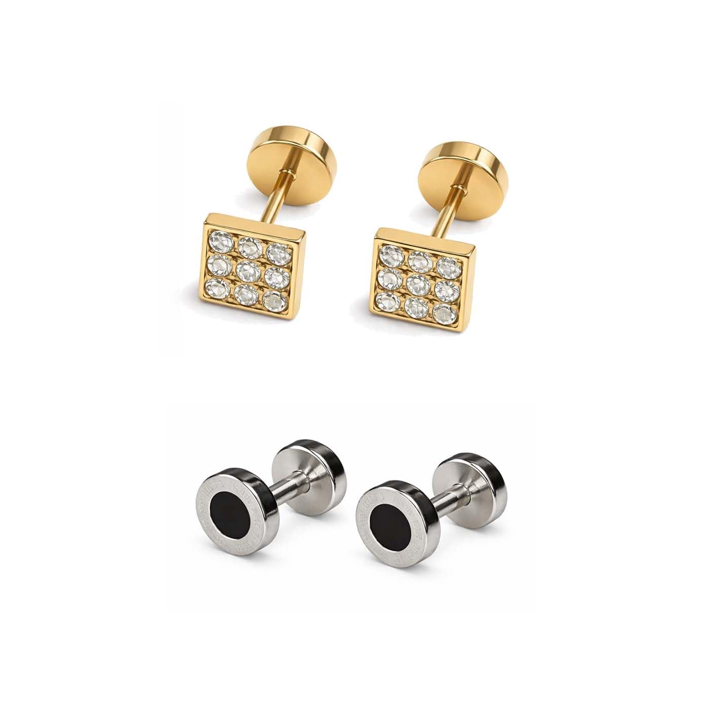 Combo of (2 Pair) Unisex Fancy & Stylish Stainless Steel Golden Glossy Finish Elegant Cubic Zirconia Square Design Dumbbell / Barbell Stud & Silver Black Round Greek Pattern Piercing Earrings for Men & Women-image-23