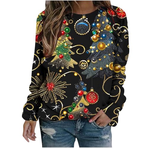 Christmas Sweatshirt for Women Crewneck Long Sleeve Glitter Xmas Tree Print Pullover Top Loose Casual Ugly Xmas Shirt