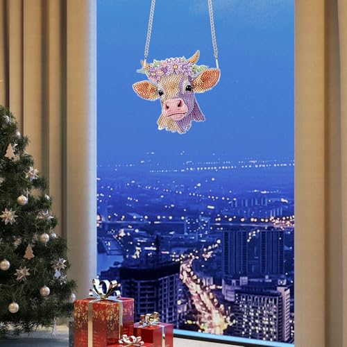 Image of Cow Head Diamond Painting Hanging Kit, 5D DIY Acrylic Pendant with Special Shaped Crystal Rhinestones, Animal Art Ornament for Wall, Door or Window Decoration, Handmade Craft Gift for Adults