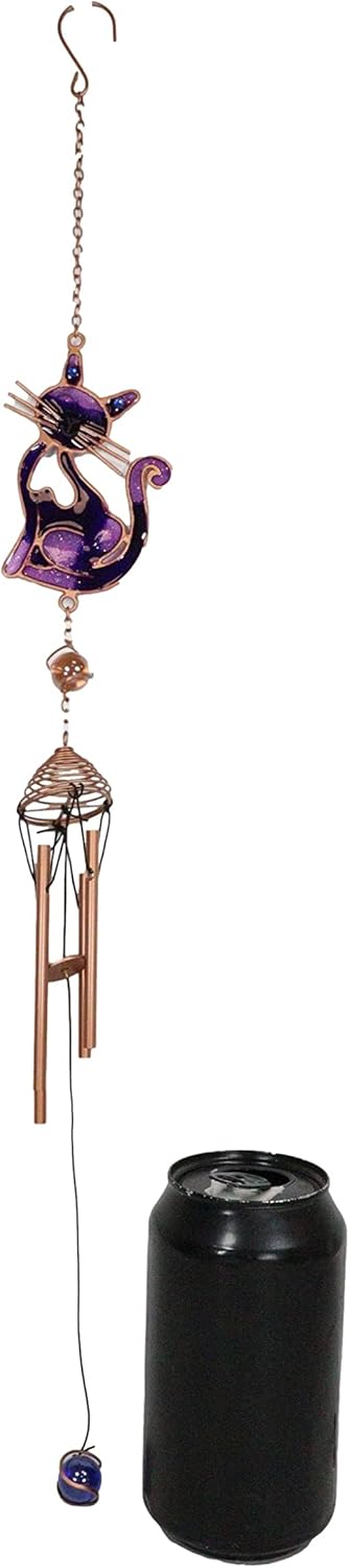 Ebros Gift Stained Glass Feline Love Purple Slinky Cat Sitting Resonant Relaxing Metal Wind Chime Suncatcher Garden Patio Accent with Gemstones